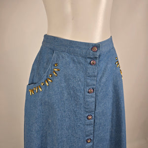 Vintage Cleo Petites Denim Button Front Midi Skirt Size 6 Western Cottagecore
