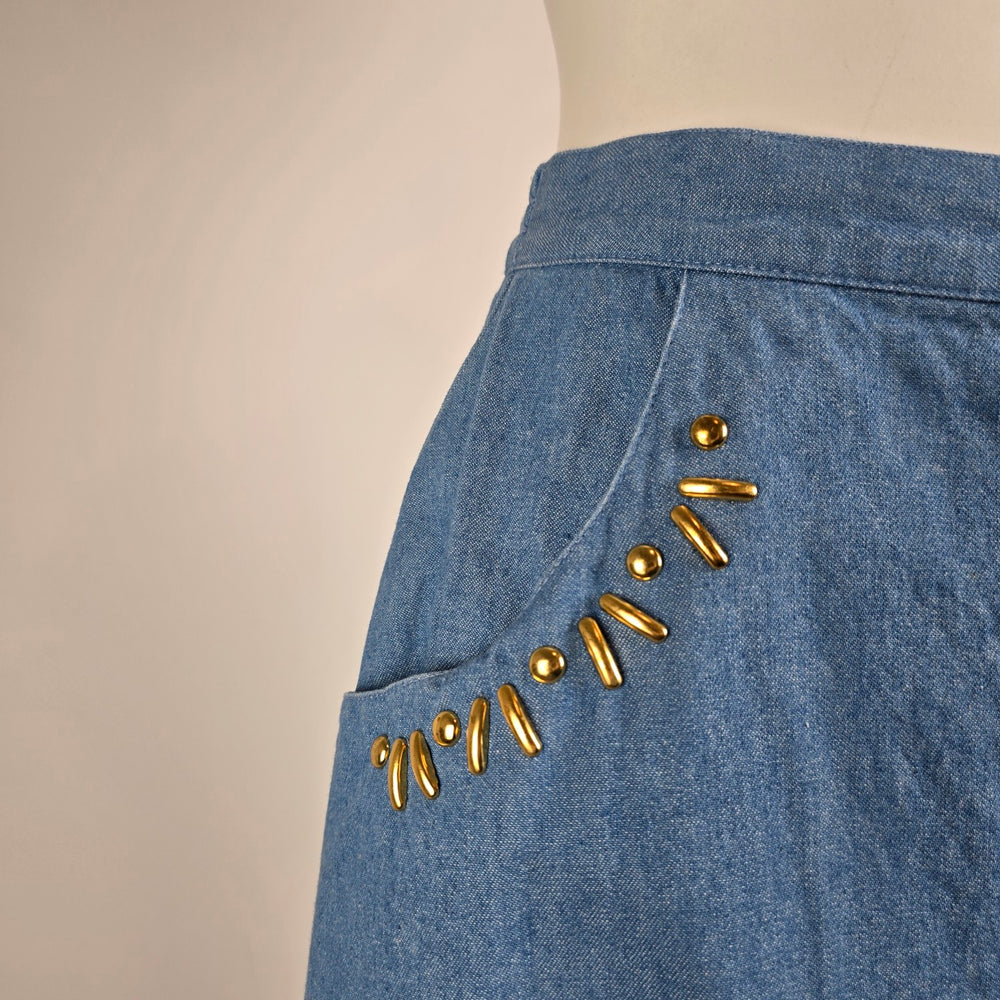 Vintage Cleo Petites Denim Button Front Midi Skirt Size 6 Western Cottagecore