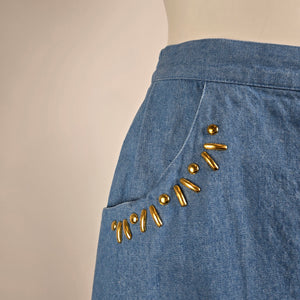 Vintage Cleo Petites Denim Button Front Midi Skirt Size 6 Western Cottagecore