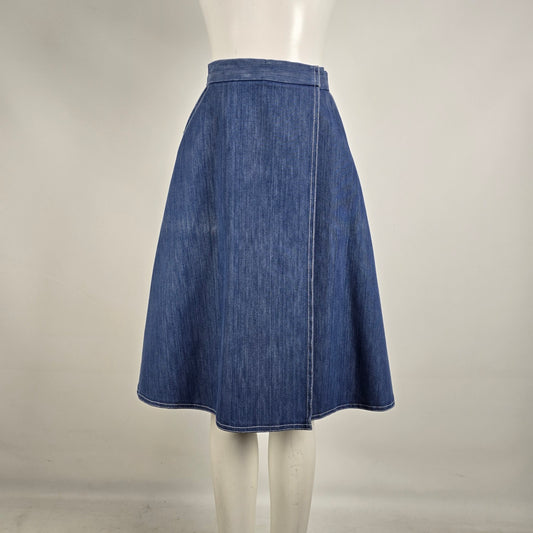Vintage Denim A-Line Midi Skirt Size S Contrast Stitch Minimalist Cottagecore