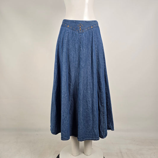 Vintage City Girl Sport Denim Maxi Skirt Studded Western Y2K Size 8