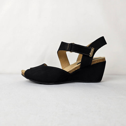 Bussola Black Leather Wedge Sandals Size 8 Comfort Slingback Cork Footbed