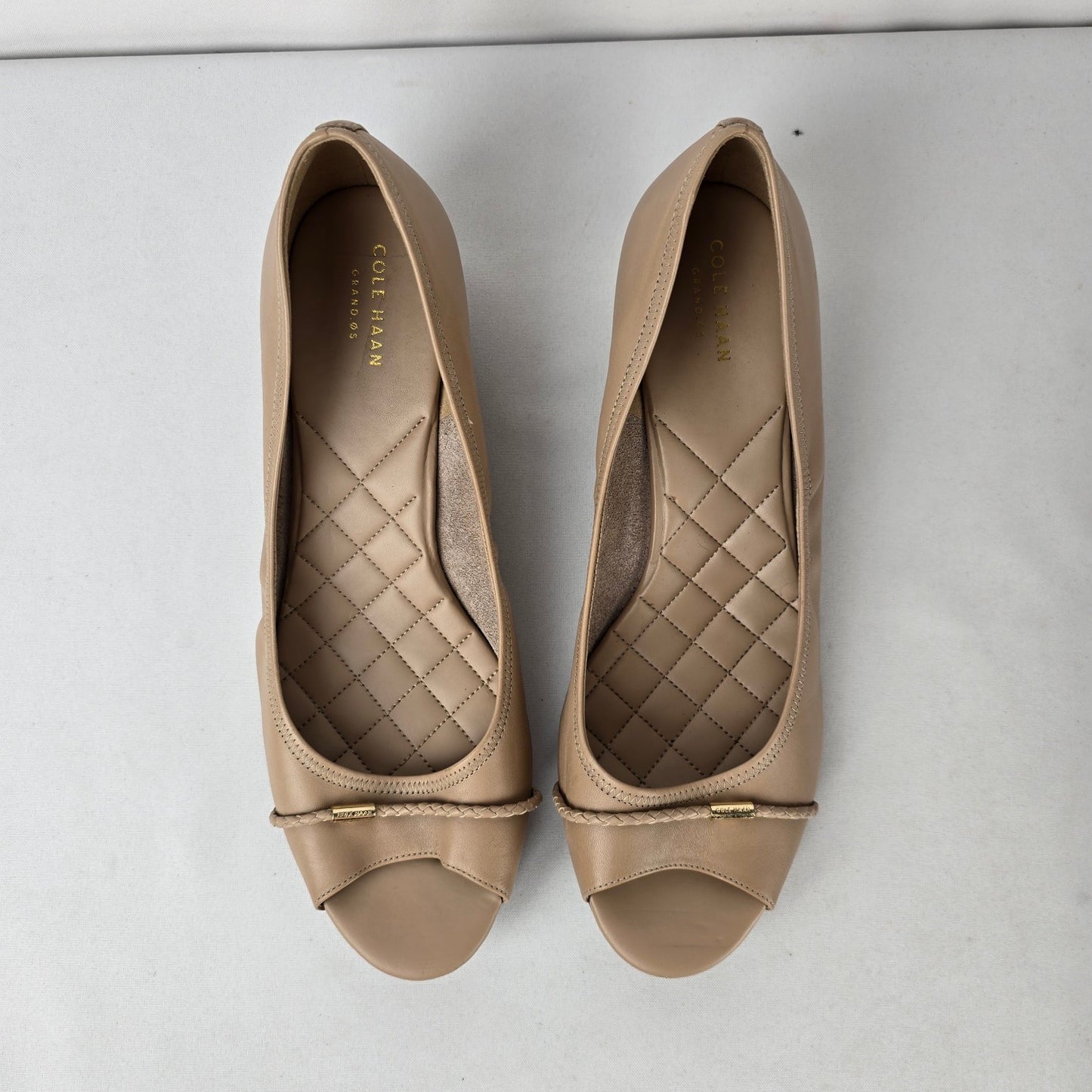 Cole Haan Grand.OS Nude Leather Peep Toe Wedge Heels Size 12 Comfort Pumps