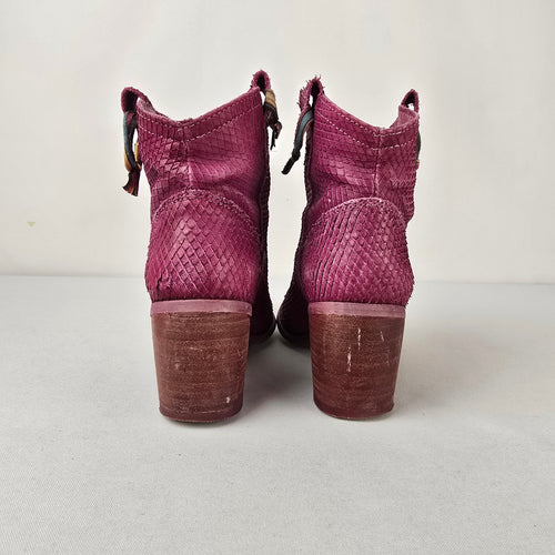 Felmini Magenta Textured Leather Ankle Boots Western Boho Booties Size 6