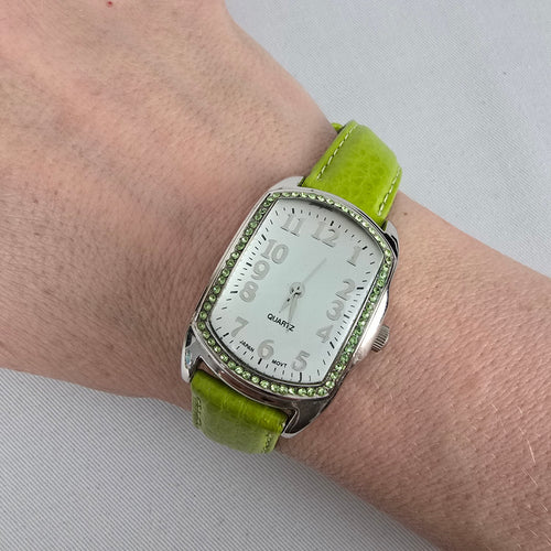 Avon Lime Green Rhinestone Quartz Watch Genuine Leather Strap