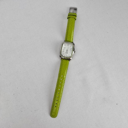 Avon Lime Green Rhinestone Quartz Watch Genuine Leather Strap