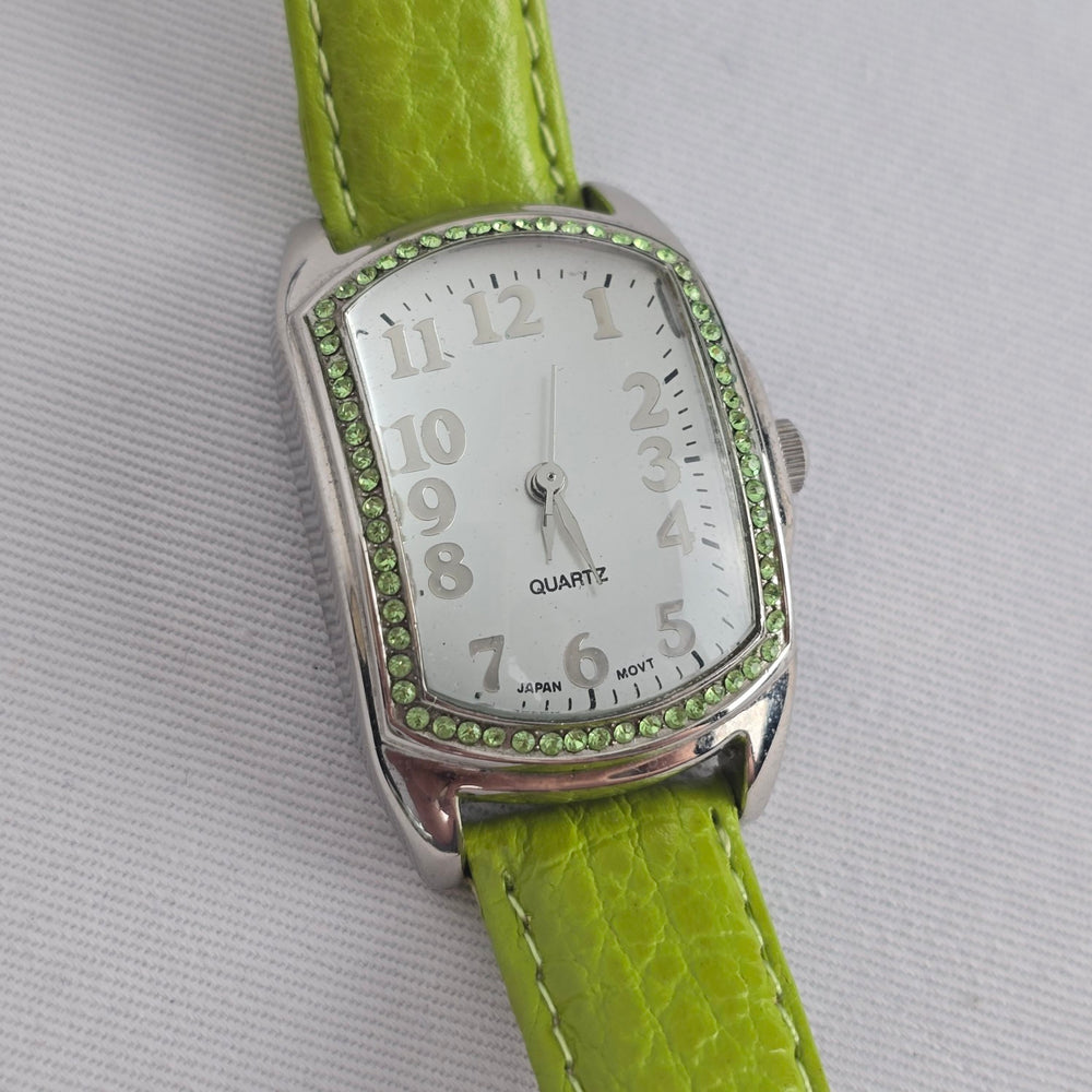 Avon Lime Green Rhinestone Quartz Watch Genuine Leather Strap