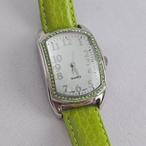 Avon Lime Green Rhinestone Quartz Watch Genuine Leather Strap