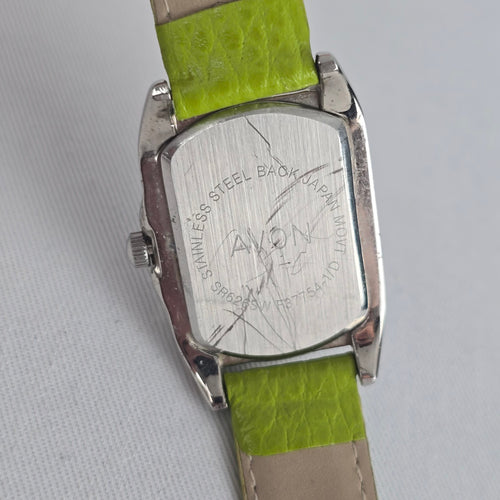 Avon Lime Green Rhinestone Quartz Watch Genuine Leather Strap
