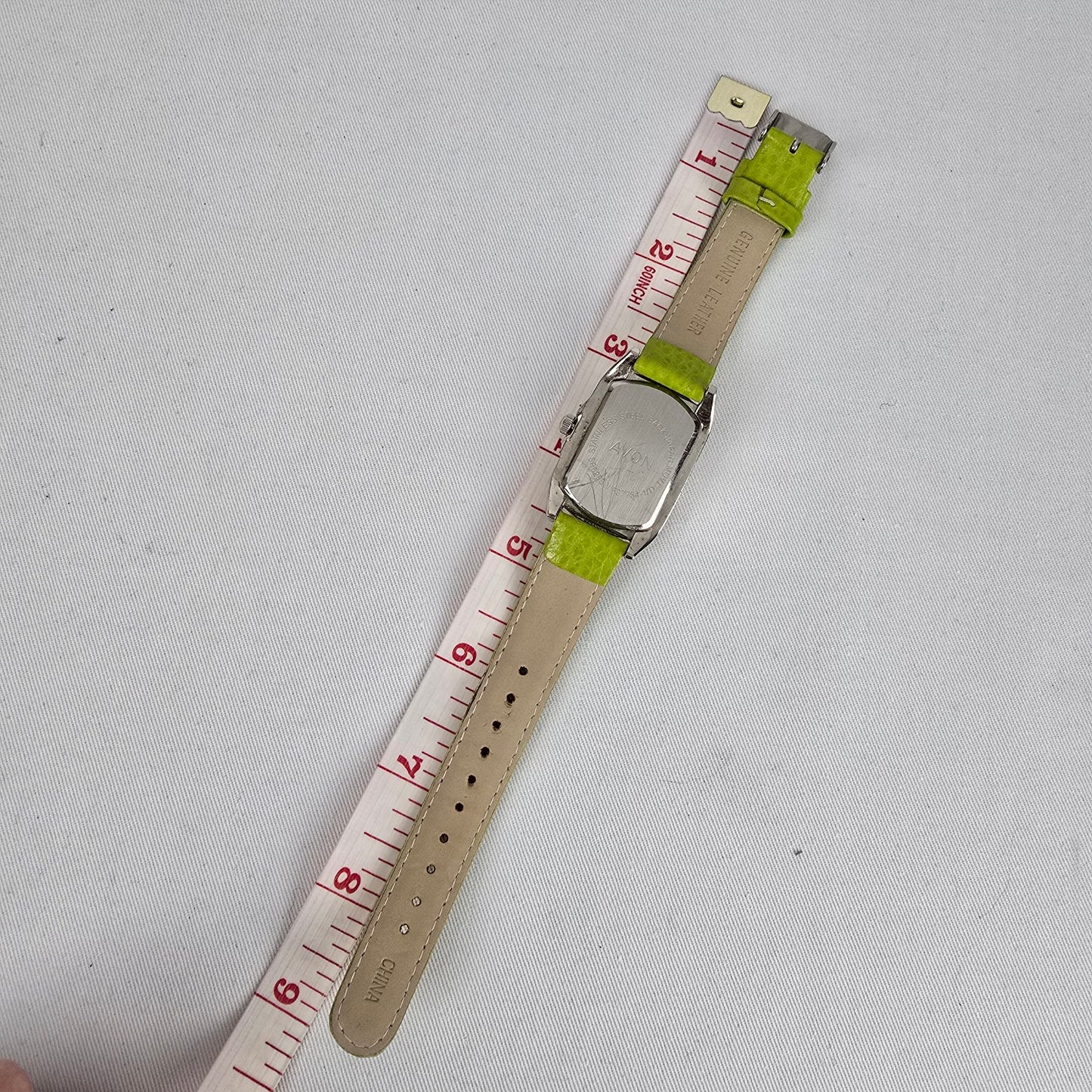 Avon Lime Green Rhinestone Quartz Watch Genuine Leather Strap