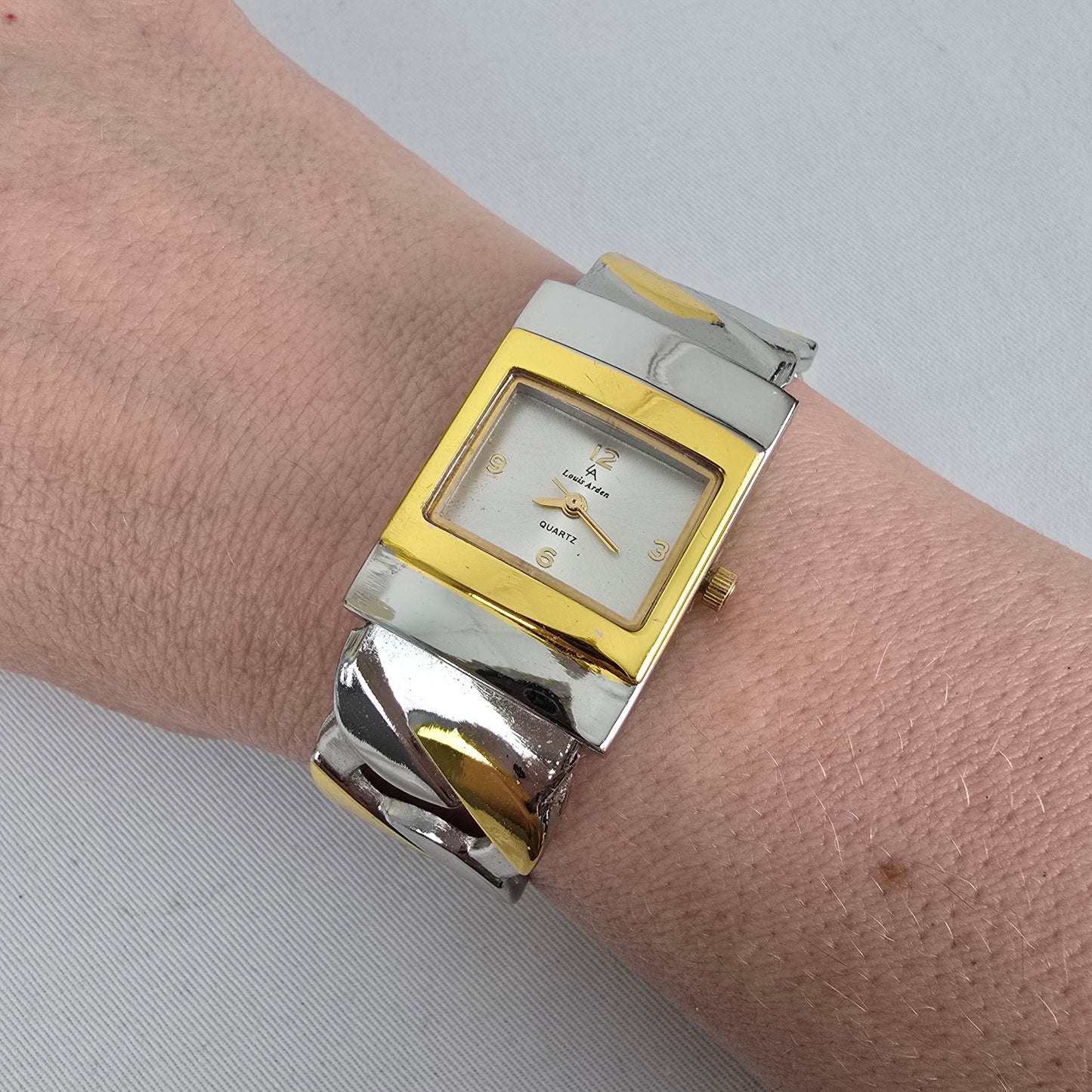 Vintage Louis Arden Two Tone Cuff Bracelet Quartz Watch Y2K