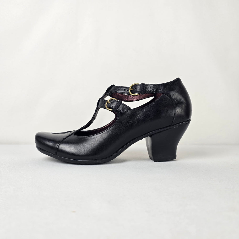 Indigo by Clarks Black Leather T Strap Mary Jane Block Heel Pumps Size 8