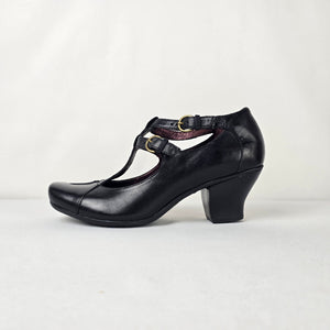 Indigo by Clarks Black Leather T Strap Mary Jane Block Heel Pumps Size 8