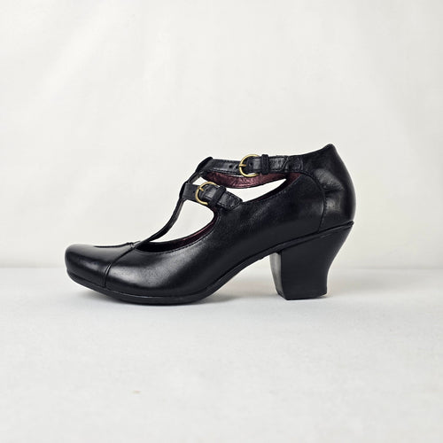 Indigo by Clarks Black Leather T Strap Mary Jane Block Heel Pumps Size 8