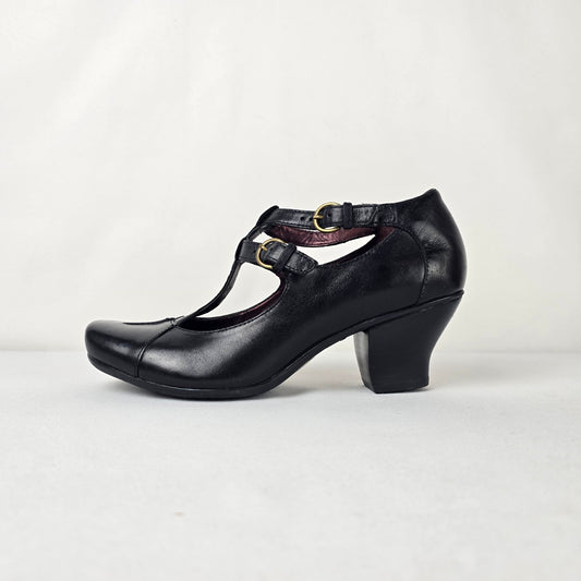Indigo by Clarks Black Leather T Strap Mary Jane Block Heel Pumps Size 8