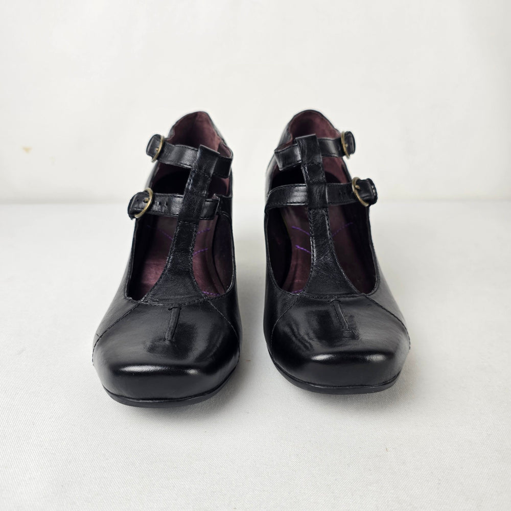 Indigo by Clarks Black Leather T Strap Mary Jane Block Heel Pumps Size 8