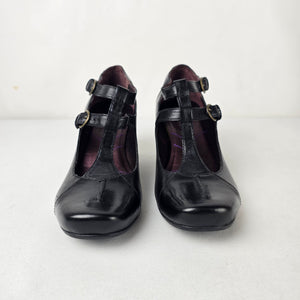 Indigo by Clarks Black Leather T Strap Mary Jane Block Heel Pumps Size 8