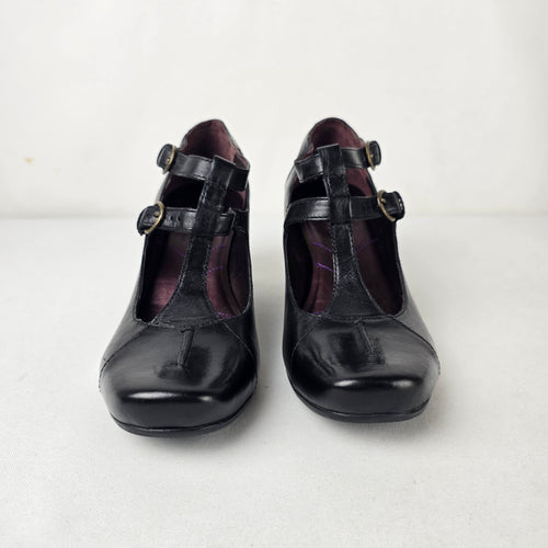 Indigo by Clarks Black Leather T Strap Mary Jane Block Heel Pumps Size 8