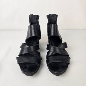 Trippen Black Leather Asymmetrical Sandals Comfort Block Heel Size 9