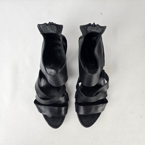 Trippen Black Leather Asymmetrical Sandals Comfort Block Heel Size 9