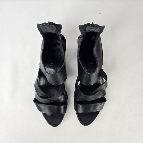 Trippen Black Leather Asymmetrical Sandals Comfort Block Heel Size 9