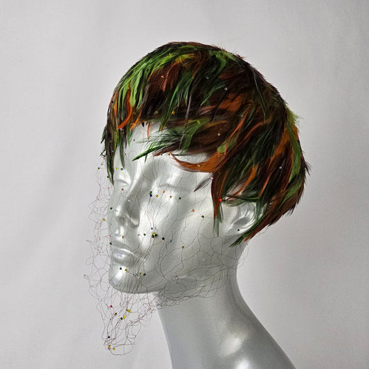 Vintage Feather Fascinator Hat Birdcage Veil Green Orange Statement Headpiece