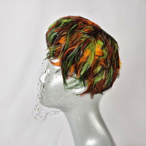 Vintage Feather Fascinator Hat Birdcage Veil Green Orange Statement Headpiece