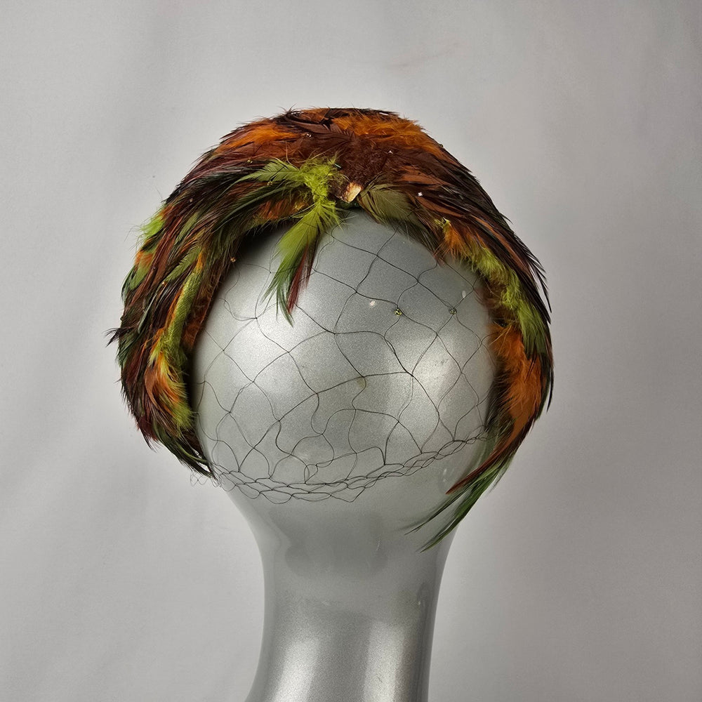 Vintage Feather Fascinator Hat Birdcage Veil Green Orange Statement Headpiece