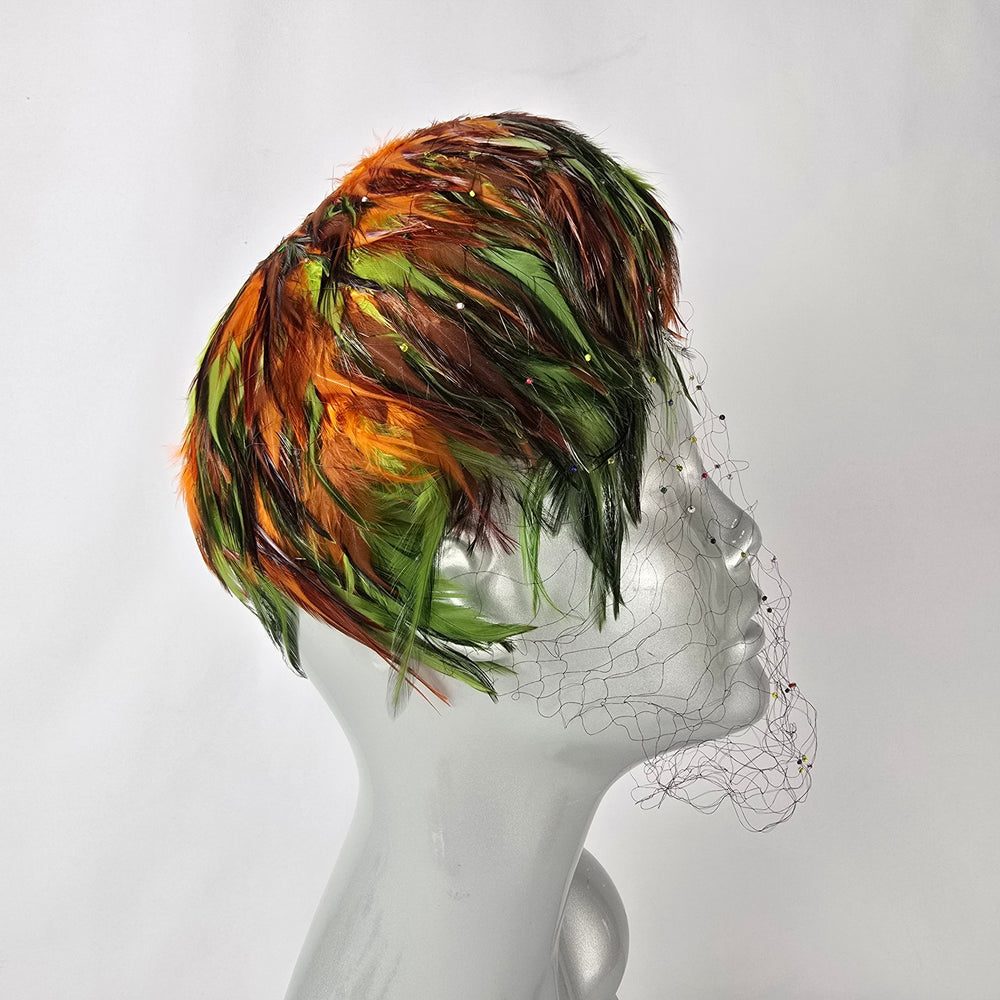 Vintage Feather Fascinator Hat Birdcage Veil Green Orange Statement Headpiece