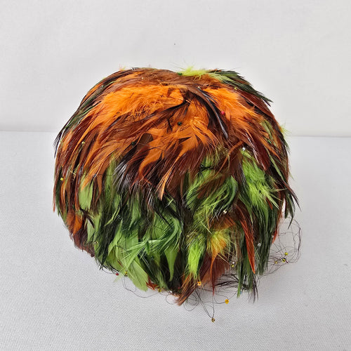 Vintage Feather Fascinator Hat Birdcage Veil Green Orange Statement Headpiece