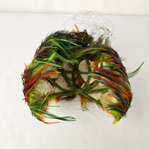 Vintage Feather Fascinator Hat Birdcage Veil Green Orange Statement Headpiece