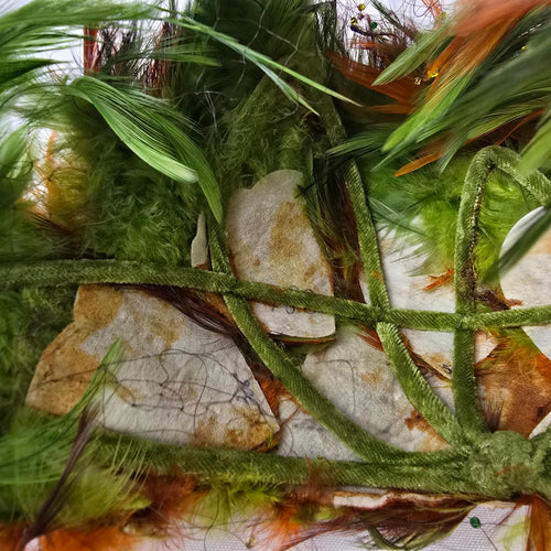 Vintage Feather Fascinator Hat Birdcage Veil Green Orange Statement Headpiece