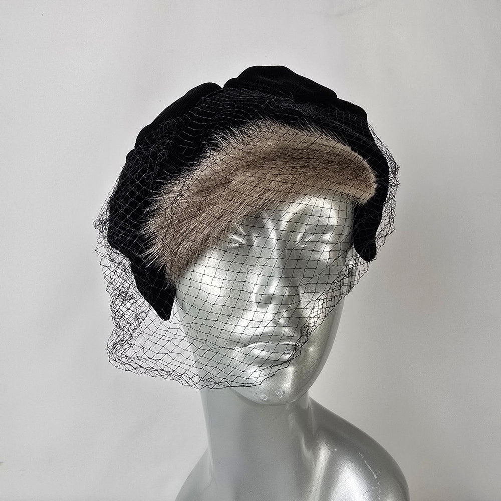 Vintage Mink Fur Fascinator Veiled Cocktail Hat Black Velvet