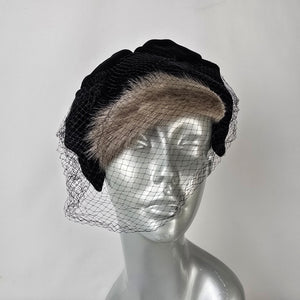 Vintage Mink Fur Fascinator Veiled Cocktail Hat Black Velvet