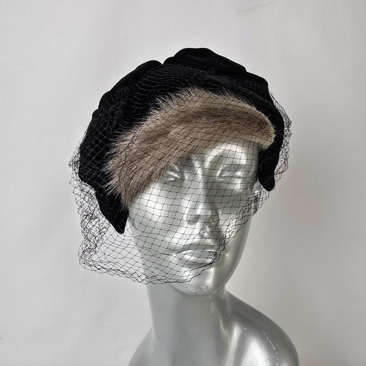 Vintage Mink Fur Fascinator Veiled Cocktail Hat Black Velvet