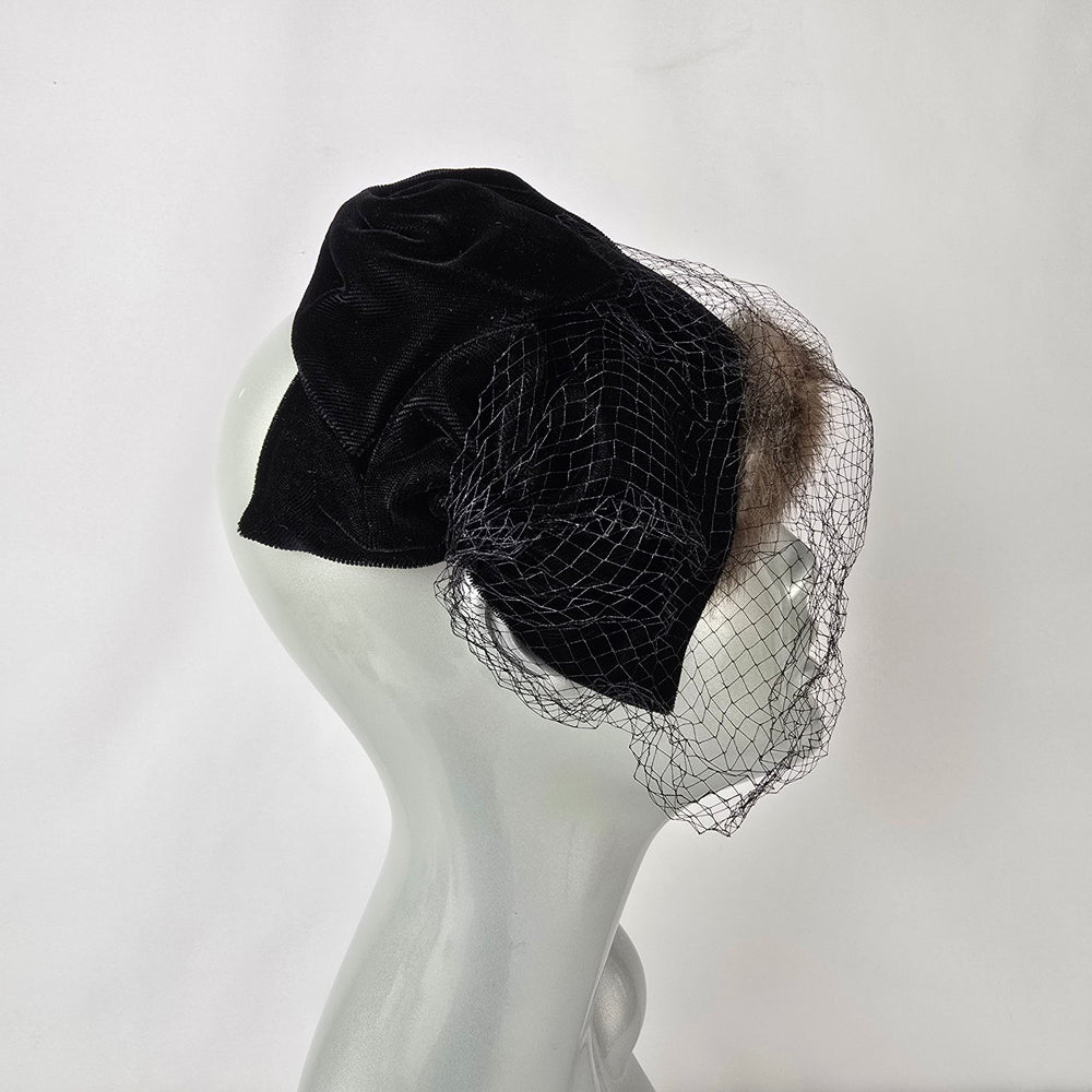 Vintage Mink Fur Fascinator Veiled Cocktail Hat Black Velvet