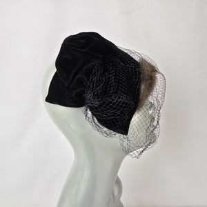 Vintage Mink Fur Fascinator Veiled Cocktail Hat Black Velvet