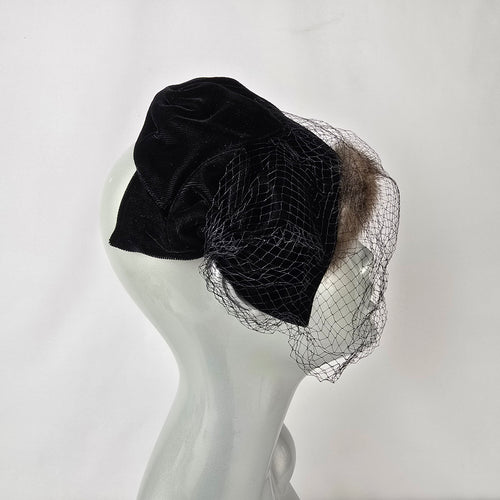 Vintage Mink Fur Fascinator Veiled Cocktail Hat Black Velvet