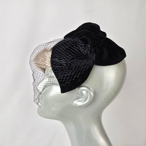 Vintage Mink Fur Fascinator Veiled Cocktail Hat Black Velvet