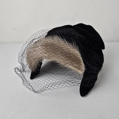 Vintage Mink Fur Fascinator Veiled Cocktail Hat Black Velvet