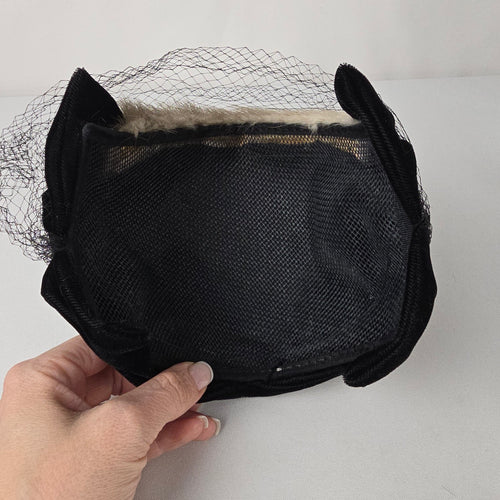 Vintage Mink Fur Fascinator Veiled Cocktail Hat Black Velvet