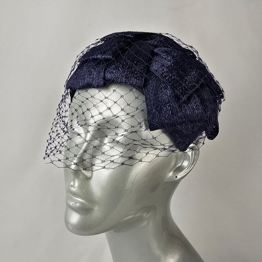 Vintage Navy Straw Fascinator Hat Birdcage Veil Cocktail Hat