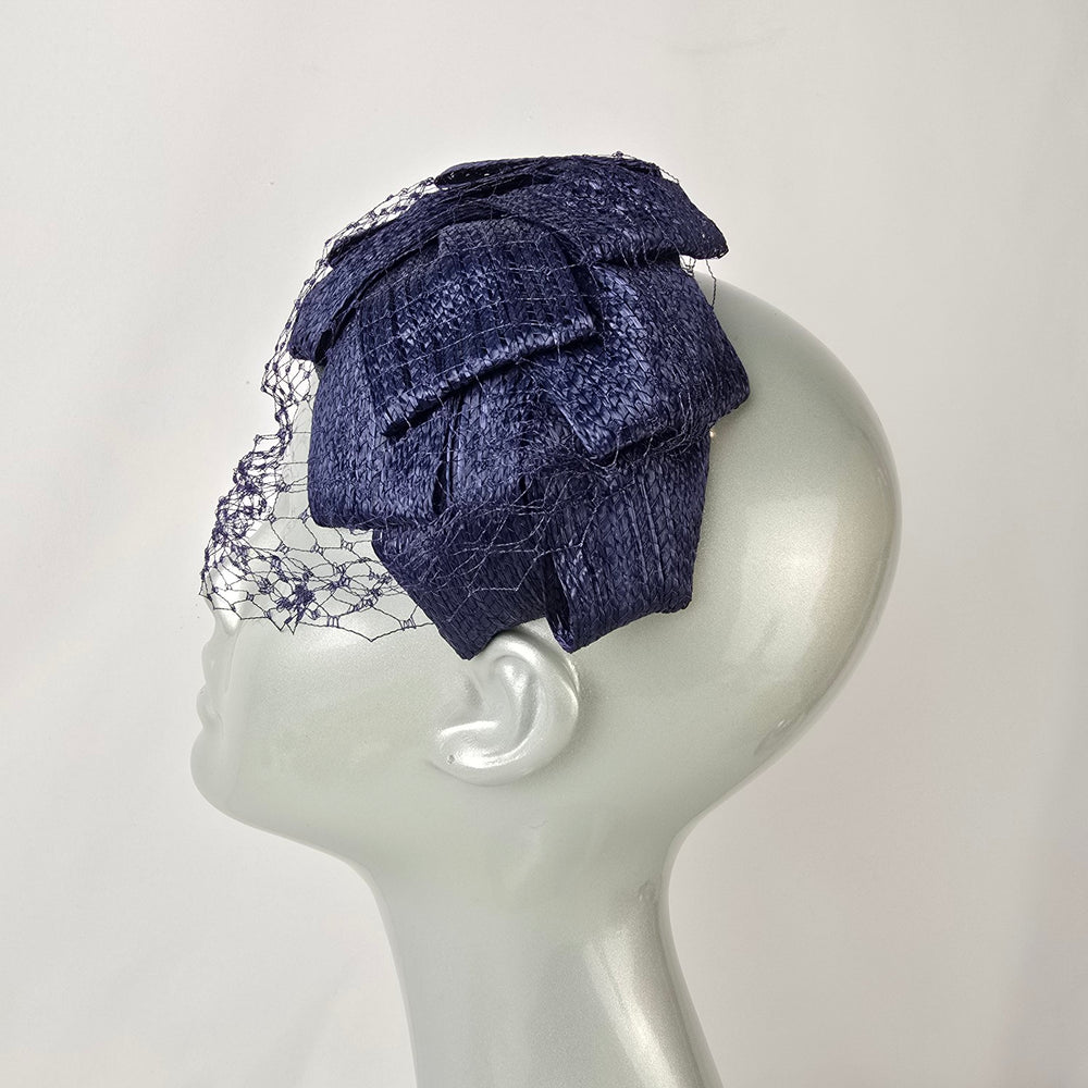 Vintage Navy Straw Fascinator Hat Birdcage Veil Cocktail Hat