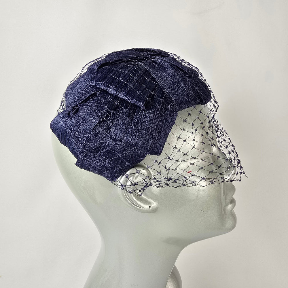 Vintage Navy Straw Fascinator Hat Birdcage Veil Cocktail Hat