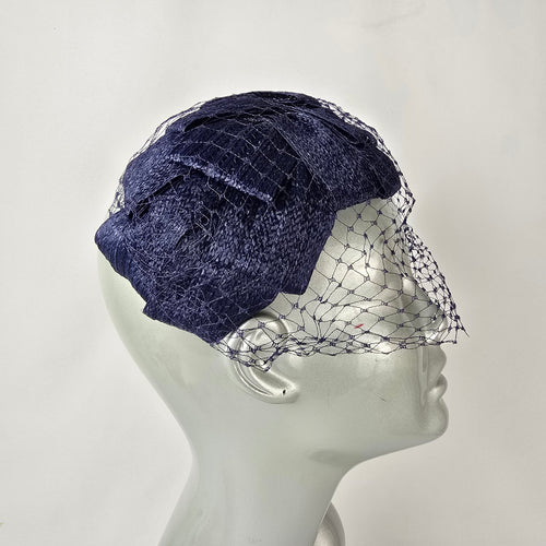 Vintage Navy Straw Fascinator Hat Birdcage Veil Cocktail Hat