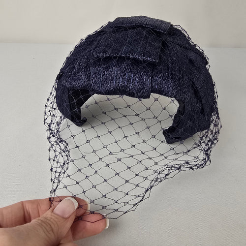 Vintage Navy Straw Fascinator Hat Birdcage Veil Cocktail Hat