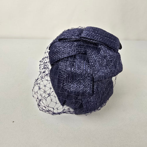 Vintage Navy Straw Fascinator Hat Birdcage Veil Cocktail Hat