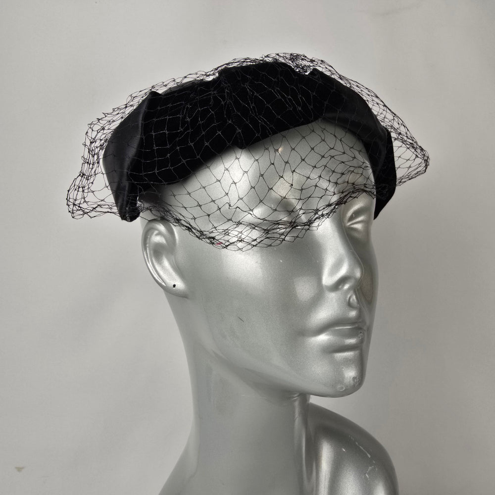Vintage Black Satin Fascinator with Birdcage Veil Cocktail Hat