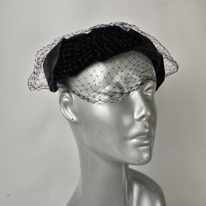 Vintage Black Satin Fascinator with Birdcage Veil Cocktail Hat