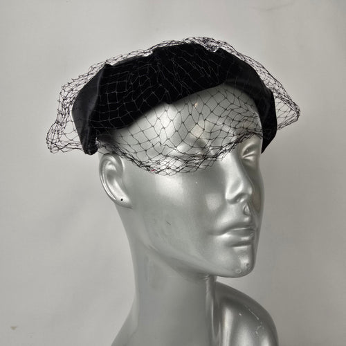 Vintage Black Satin Fascinator with Birdcage Veil Cocktail Hat